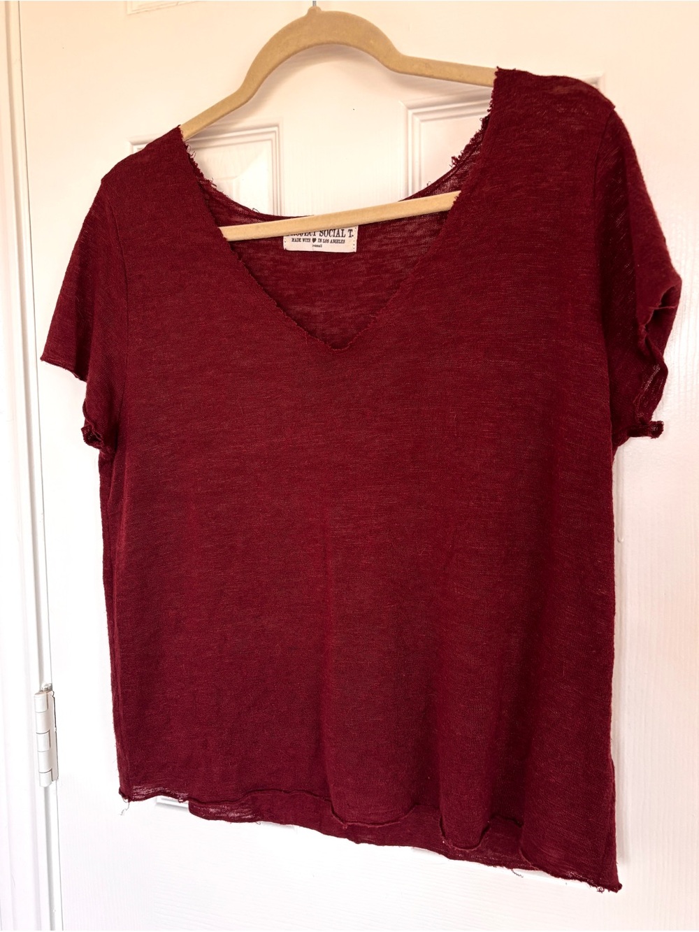Gauzy Burgundy Women’s V-Neck Short Sleeve Top
